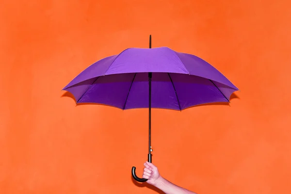 Un homme tient dans sa main un parapluie violet sur un fond de mur orange. Concept automne, affaires, art . — Photo