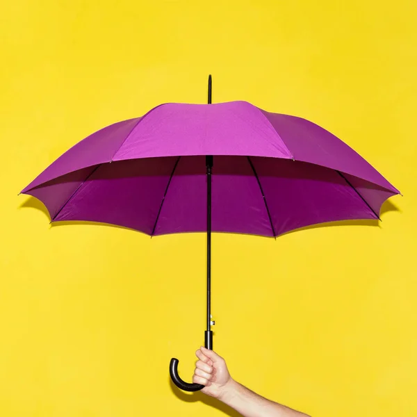 Un homme tient dans sa main un parapluie violet sur un fond de mur de chaux jaune. Concept automne, affaires, art . — Photo