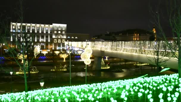 Iluminación de la calle de Navidad en Moscú en el parque Zaryadye. La ciudad está decorada con faroles, bolas luminosas y guirnaldas. La gente está caminando a lo largo de un puente decorado, y los coches están conduciendo a lo largo de una carretera . — Vídeo de stock