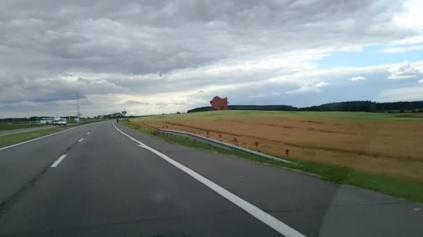Un disparo a través del parabrisas de un coche que recorre la autopista de Bielorrusia sobre el fondo del cielo con densas nubes, campos y esculturas de bisontes . — Vídeo de stock