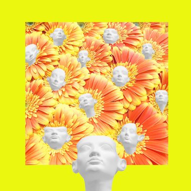 Gerbera çiçekleri ve farklı duyguları olan Mısırlı bir firavun kadının alçı heykeli ile modern sanat kolajı