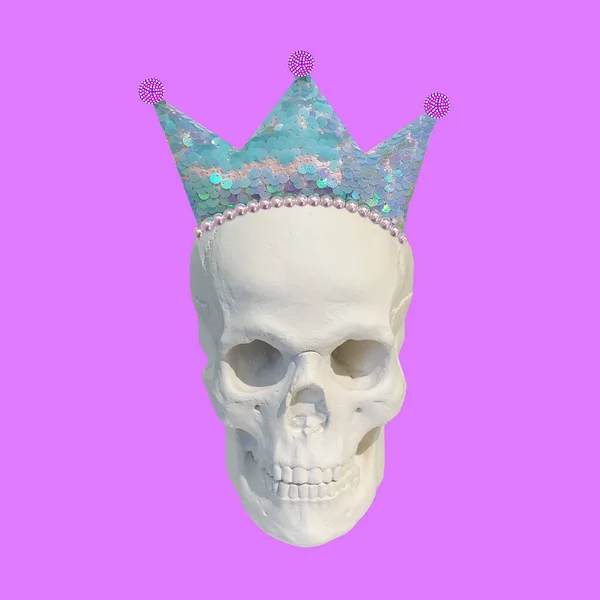 Collage Modern Art Sculpture Skull Crown Pink Background Corona Virus — Stock Photo, Image