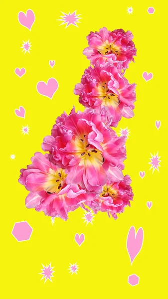 Colagem Moderna Tulipa Rosa Terry Fundo Amarelo Brilhante Conceito Fundo — Fotografia de Stock