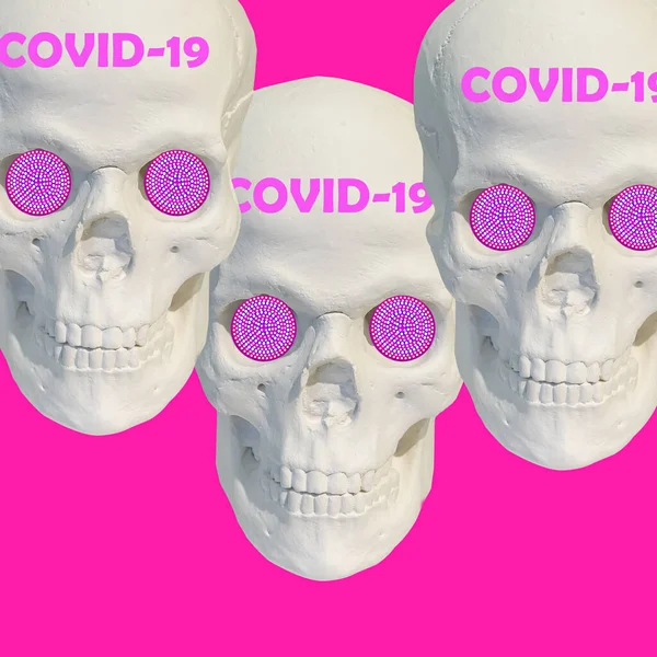 Modern art collage. Three white sculptures of skulls on a pink background with text covid-19. Corona virus concept. Coronavirus outbreak. World pandemic