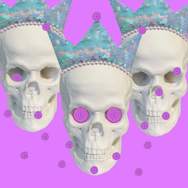 Collage Modern Art Three Sculptures Skull Crown Pink Background Corona — Stock Photo, Image