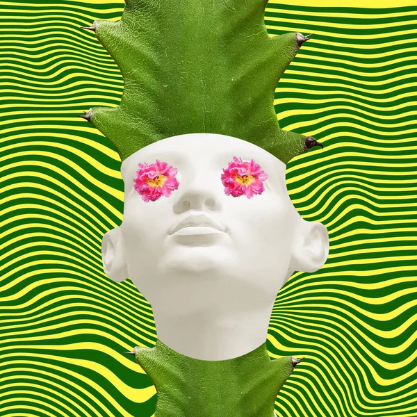 Modern Sanatın Kolajı Kafasında Boynunda Kaktüs Olan Gözlerinde Çiçekler Olan — Stok fotoğraf