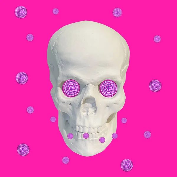 Collage Arte Moderno Escultura Cráneo Sobre Fondo Rosa Concepto Del — Foto de Stock
