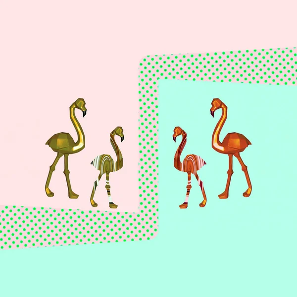 Zeitgenössische Collage Eine Gruppe Rosafarbener Flamingos Goldfarbe Auf Einem Farbenfrohen — Stockfoto