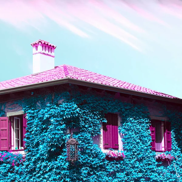 Contemporary Collage Building Italian Style Pink Turquoise Colors Blue Sky — Stock Photo, Image