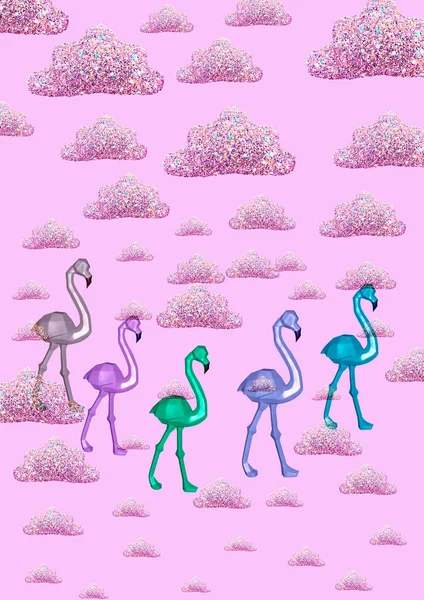 Современный Коллаж Стая Розовых Фламинго Разных Цветов Розовом Фоне Облаками — стоковое фото