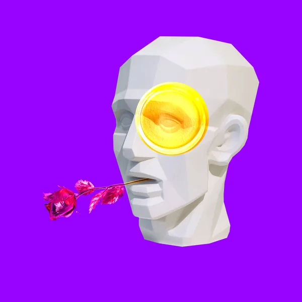 Современный Коллаж Скульптура Головы Человека Желтых Очках Держит Красную Розу — стоковое фото