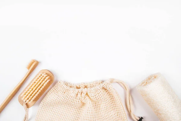 Noll avfall koncept flatlay med loofahs svampar — Stockfoto