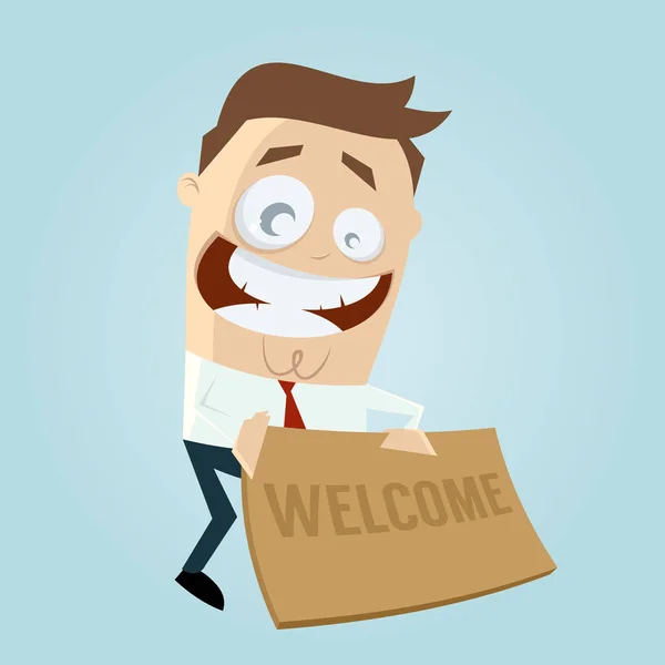 Homme d'affaires drôle avec tapis de bienvenue — Image vectorielle