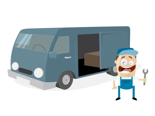 Mechanic standing in front of a van — Stock Vector