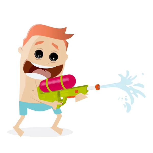 Lustiger Cartoon-Mann schießt mit einer Wasserpistole — Stockvektor