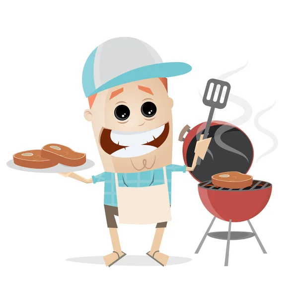 Engraçado cartoon homem com bifes e churrasqueira — Vetor de Stock