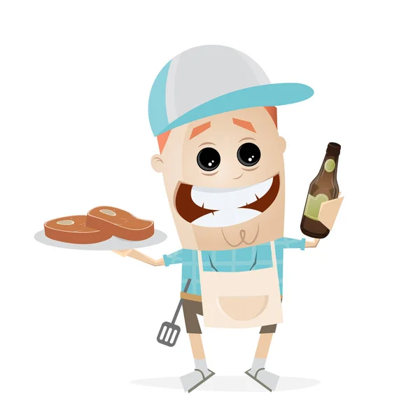 Engraçado cartoon homem com bifes e cerveja —  Vetores de Stock
