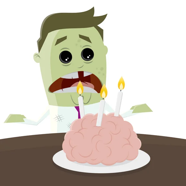 Zombie de dibujos animados celebrando su cumpleaños con un pastel de cerebro — Vector de stock