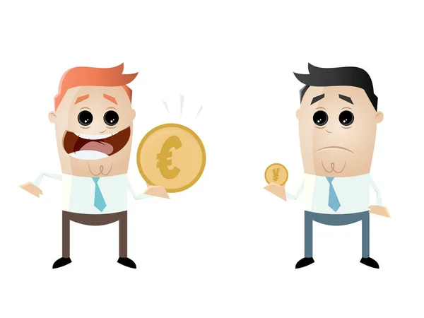 Hommes d'affaires comparant leurs revenus euro vs yen — Image vectorielle