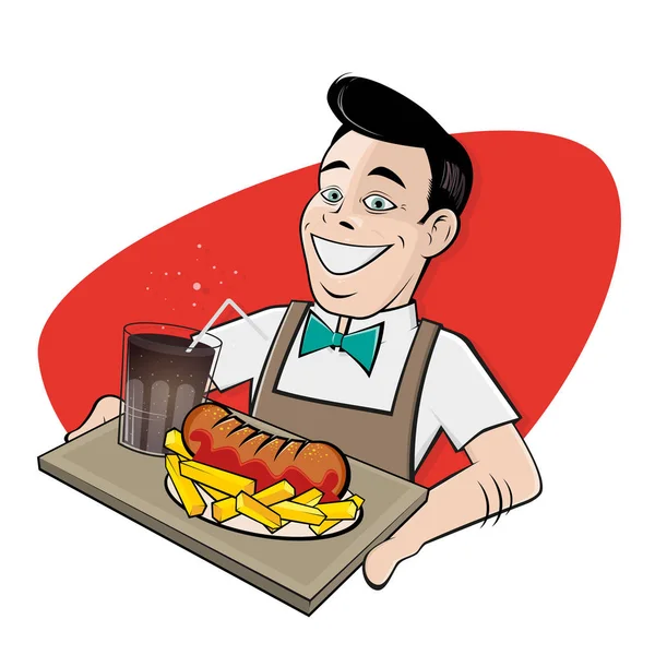 Homem feliz servindo currywurst alemão e cola —  Vetores de Stock