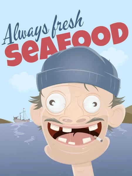 Always fresh seafood with scruffy sailor — Stock Vector