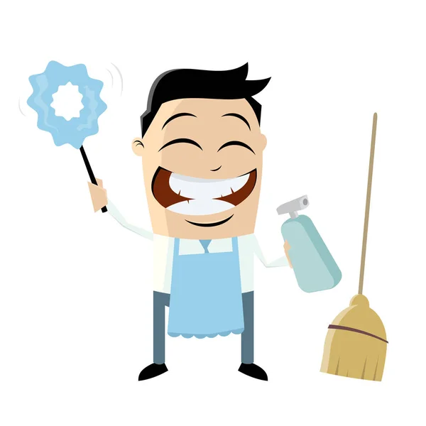 Funny Cartoon Man Cleaning Equipment — Stock Vector