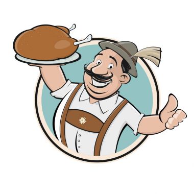 bavarian man serving delicious chicken sign clipart
