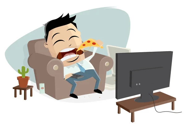 Fetter Asiatischer Geschäftsmann Isst Pizza Und Schaut Fern — Stockvektor
