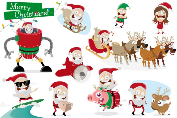 Αστεία Συλλογή Καρτούν Santa Claus Διαφορετικές Καταστάσεις — Διανυσματικό Αρχείο