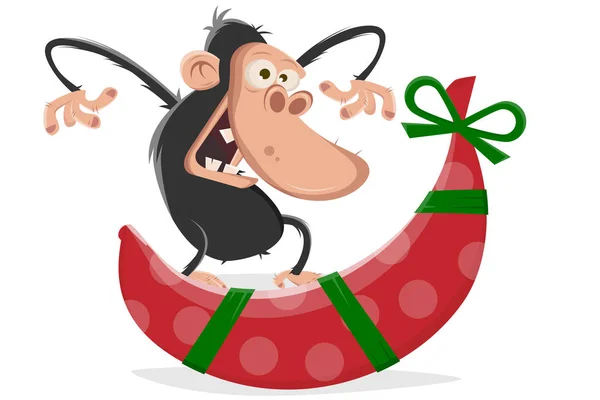 Vektor Illustration Eines Lustigen Cartoon Affen Der Weihnachten Eine Banane — Stockvektor