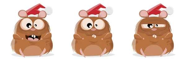 Lustige Cartoon Sammlung Eines Hamsters Mit Weihnachtsmütze — Stockvektor