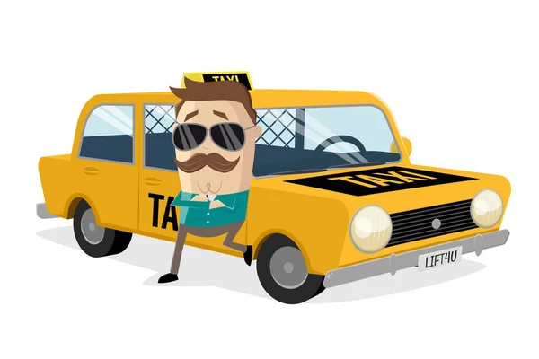 Vicces Rajzfilm Illusztráció Egy Taxisofőr Támaszkodik Autójára — Stock Vector
