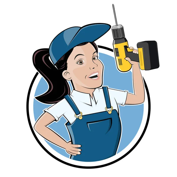 Lustiges Cartoon Logo Einer Handwerkerin Mit Einem Bohrer — Stockvektor