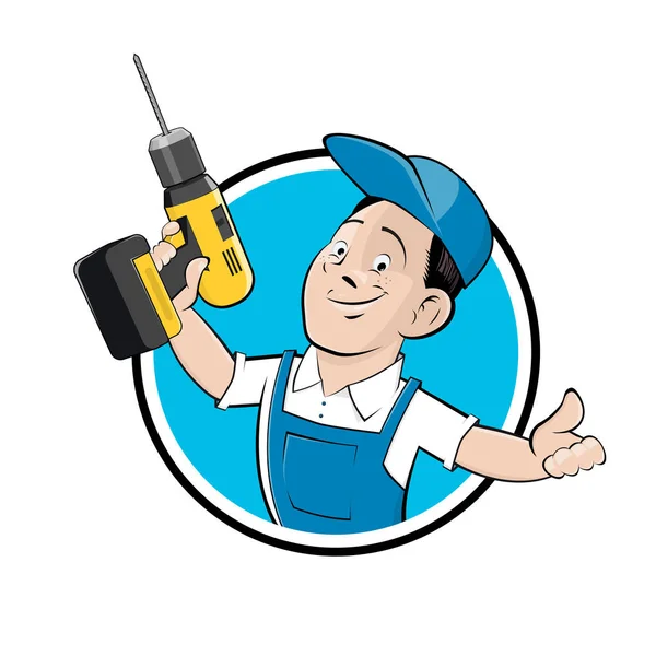 Lustiges Cartoon Logo Eines Handwerkers Mit Bohrmaschine — Stockvektor