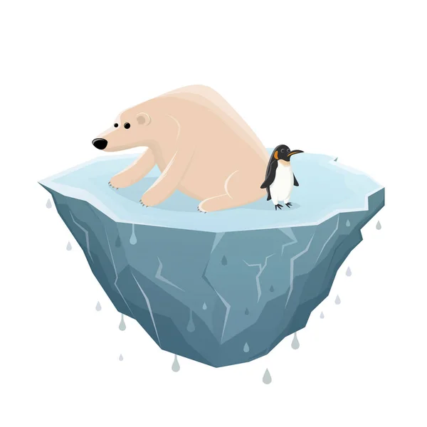 Ilustracja Kreskówki Smutny Niedźwiedź Lodowy Pingwin Topniejącej Krze Lodowej — Wektor stockowy