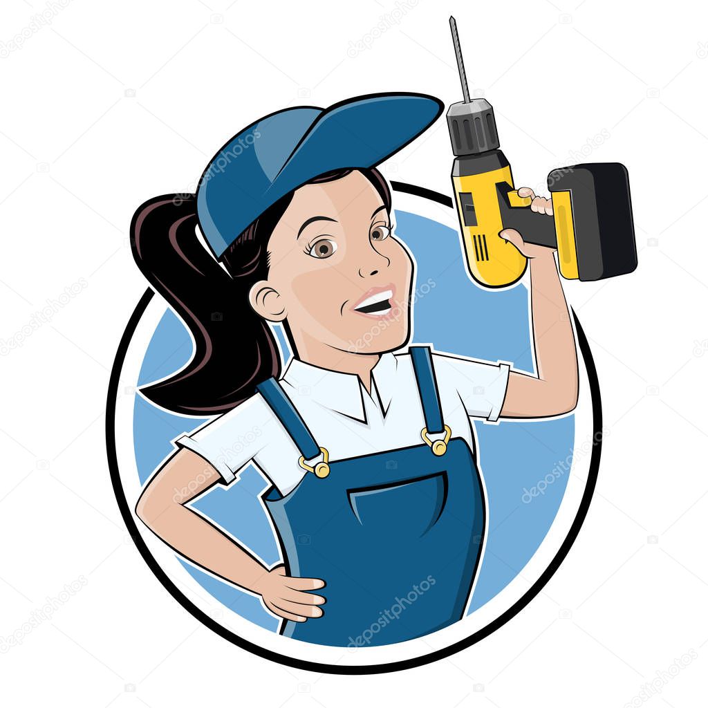 funny cartoon logo of a craftswoman with a drill