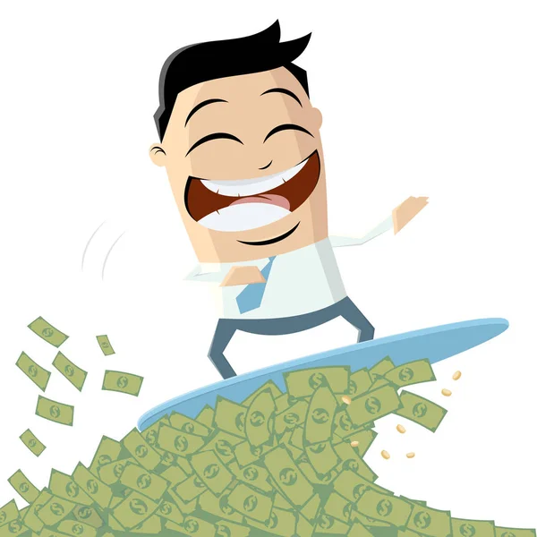Engraçado Cartoon Empresário Surfar Onda Dinheiro — Vetor de Stock