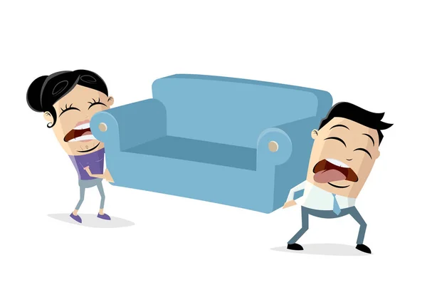 Vtipný Asijský Karikatura Pár Pohybuje Zvednout Těžkou Pohovku — Stockový vektor