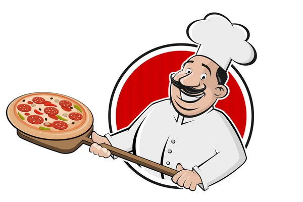 Cartoon Pizza Logo Serving Chef — Stock Vector