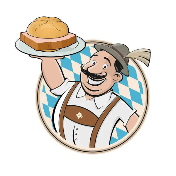 Cartoon Logo Van Een Beierse Man Serveert Duitse Specialiteit Voedsel — Stockvector