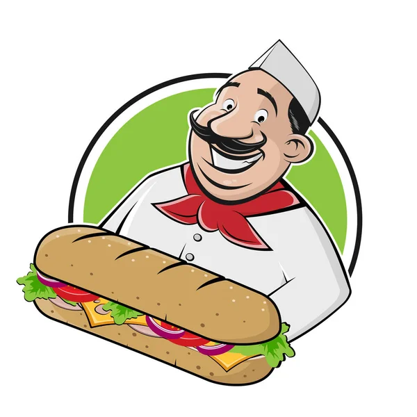 Cartoon Logo Van Een Gelukkige Man Serveren Een Lange Baguette — Stockvector