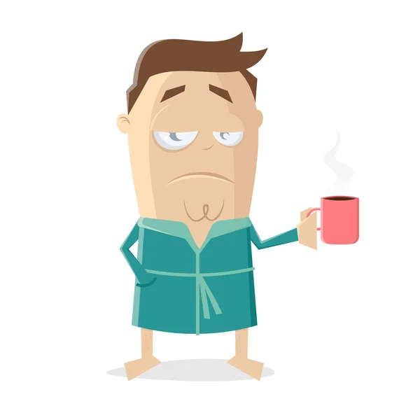 Funny Cartoon Illustration Man Bathrobe Holding Cup Coffee — Stock Vector