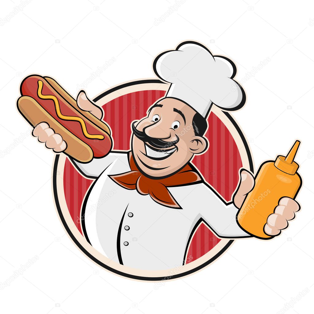cartoon logo of a chef serving a hot dog