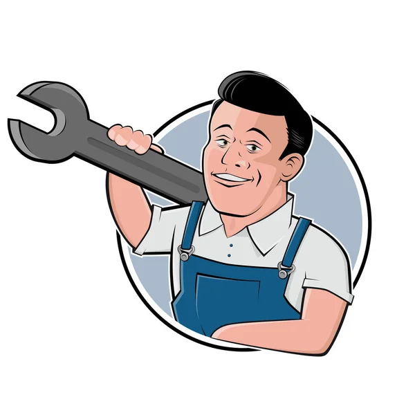 Funny Cartoon Logo Mechanic Badge — Stock Vector