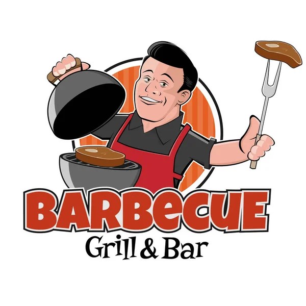 Einfaches Rgbretro Cartoon Logo Handsome Man Barbecue Grill Steak — Stock Vector