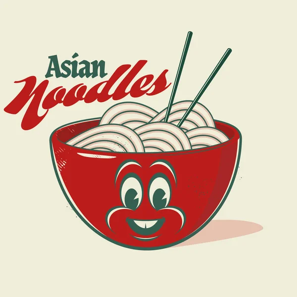 Vintage Ilustración Divertido Asiático Fideos Taza — Vector de stock