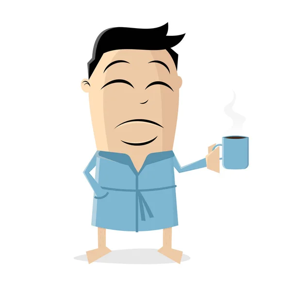 Funny Cartoon Illustration Man Bathrobe Holding Cup Coffee — Stock Vector