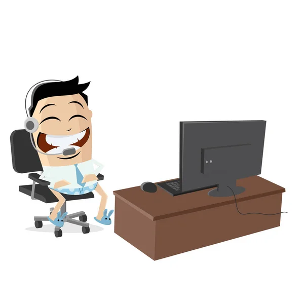 一个穿着内裤和拖鞋在自家办公室工作的商人的滑稽漫画 — 图库矢量图片