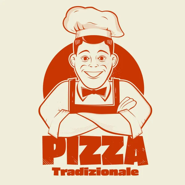 Cartoon Pizza Logo Eines Glücklichen Kochs Vintage Stil — Stockvektor