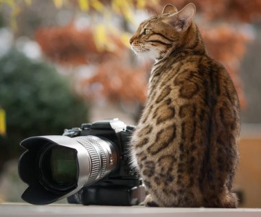 Bengal açık kedi ile fotoğraf makinesi